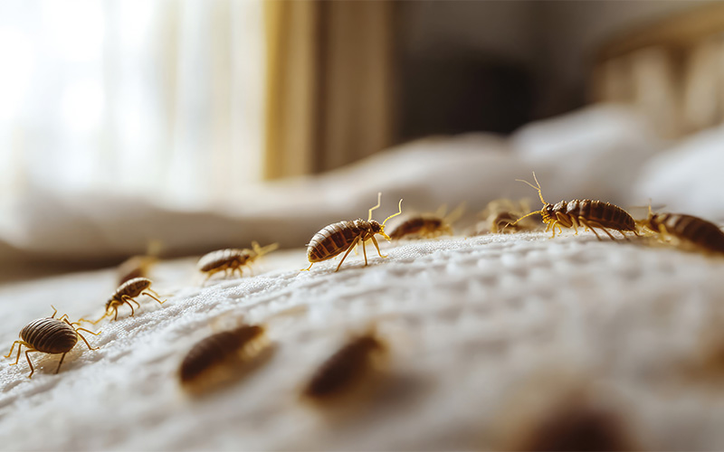 Group of brown bed bugs crawling on a white mattress.
