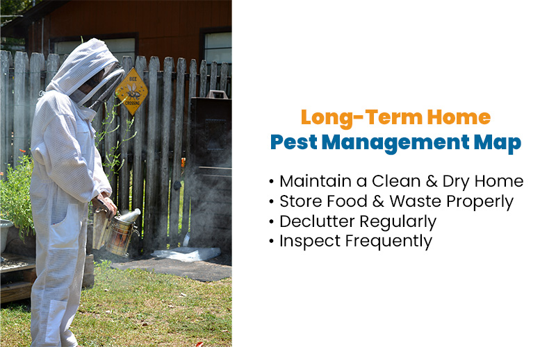 Person in beekeeping suit using smoker near “Bee Crossing” sign, with pest management tips listed beside.